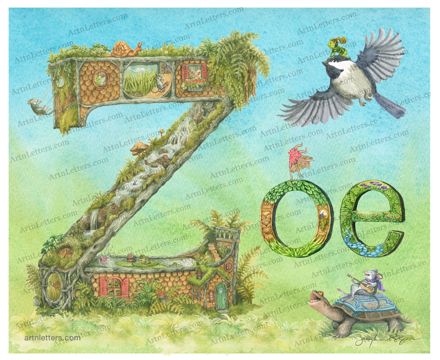 An 8x10 inch print of the name Zoe, with a highly detailed capital Z, with a waterfall, lily pond, mushrooms, and animals swiming and swinging, followed by lower case letters, each unique, with detailed floral patterns, some held aloft by fairies. A mouse playing guitar rides a turtle, an imp rides on a flying chickadee, on a green grassy base, with a blue-green sky background