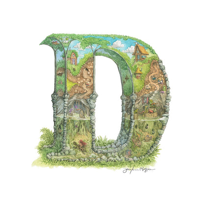 Highly detailed, colorful illustration of capital letter D