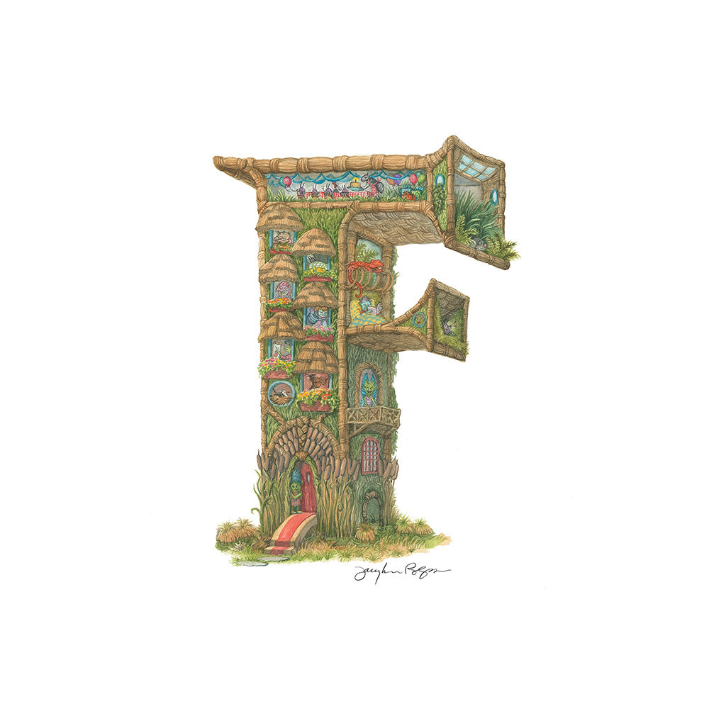 Highly detailed, colorful illustration of capital letter F