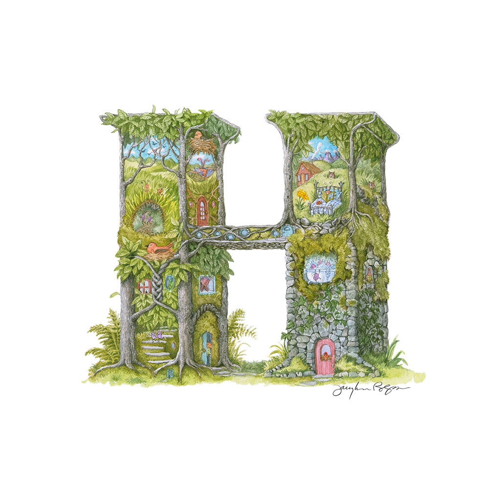 Image of highly detailed illustrated capital H, on white background