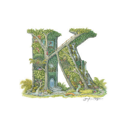 Highly detailed, colorful illustration of capital letter K