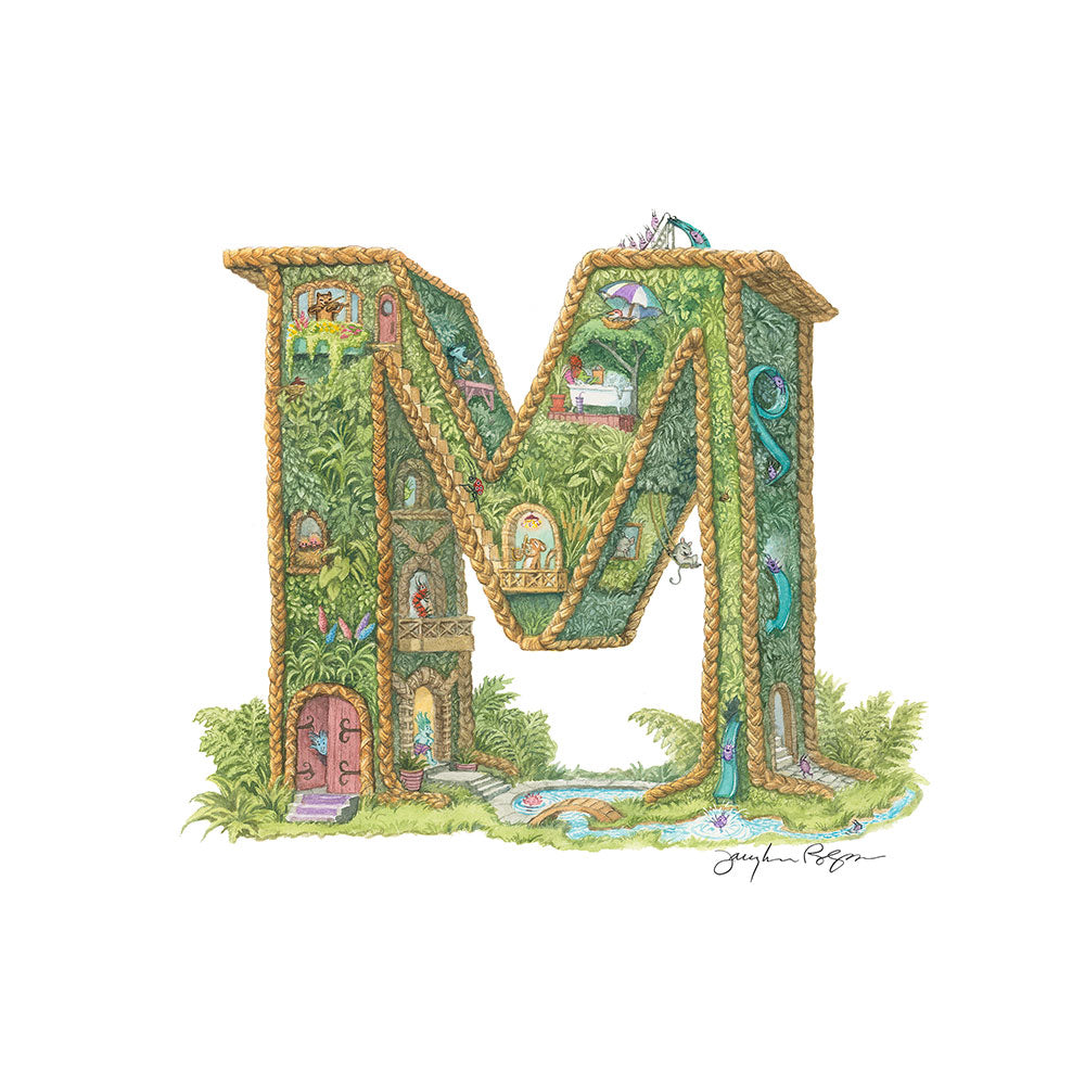 Highly detailed, colorful illustration of capital letter M