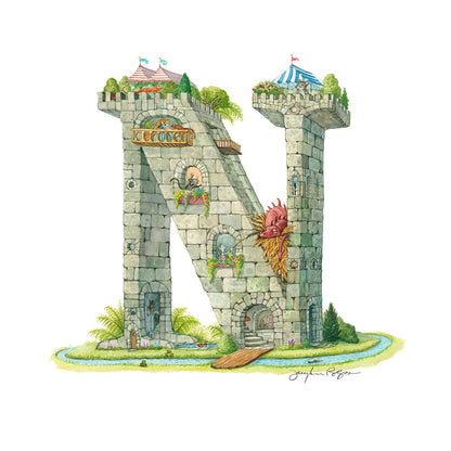 Highly detailed, colorful illustration of capital letter N