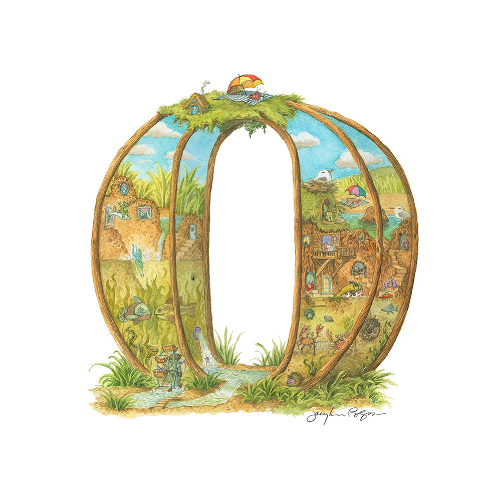 Highly detailed, colorful illustration of capital letter O