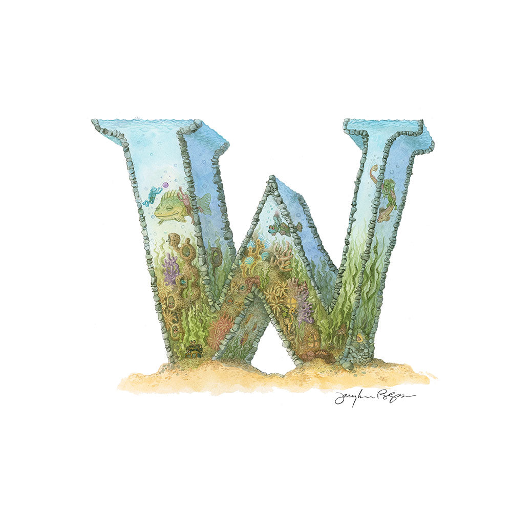 Highly detailed, colorful illustration of capital letter W