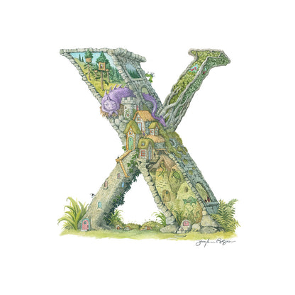 Highly detailed, colorful illustration of capital letter X